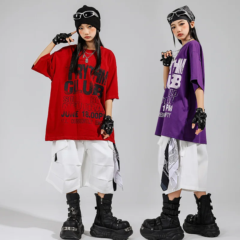 

New Hip Hop Dance Clothes for Girls Short Sleeves Loose Jazz Practice Wear Group Street Dancing Performance Outfit Stage Costume