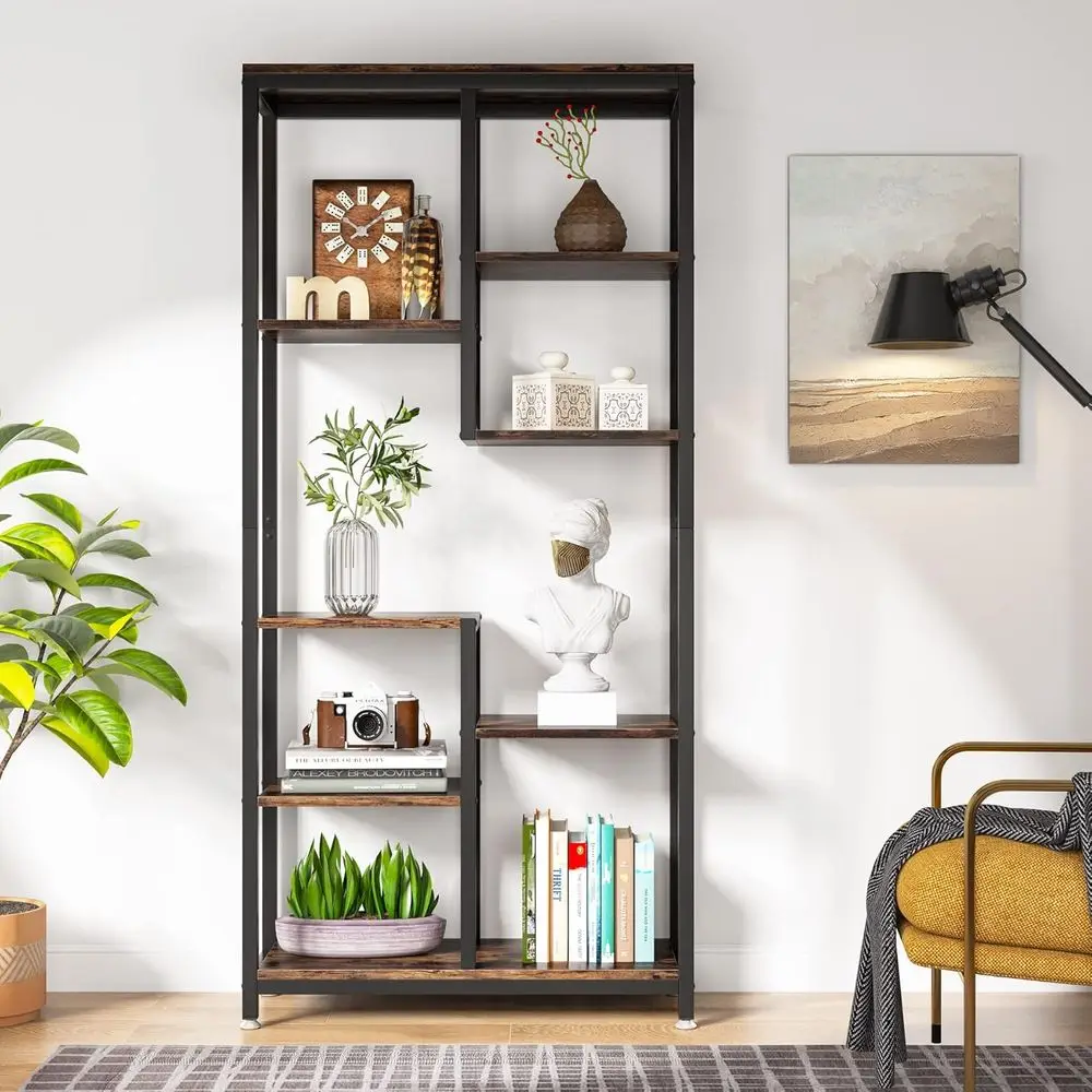 6-Tier Industrial Bookshelf, 8-shelf Open Storage Display, Living Room & Home Office Bookcases