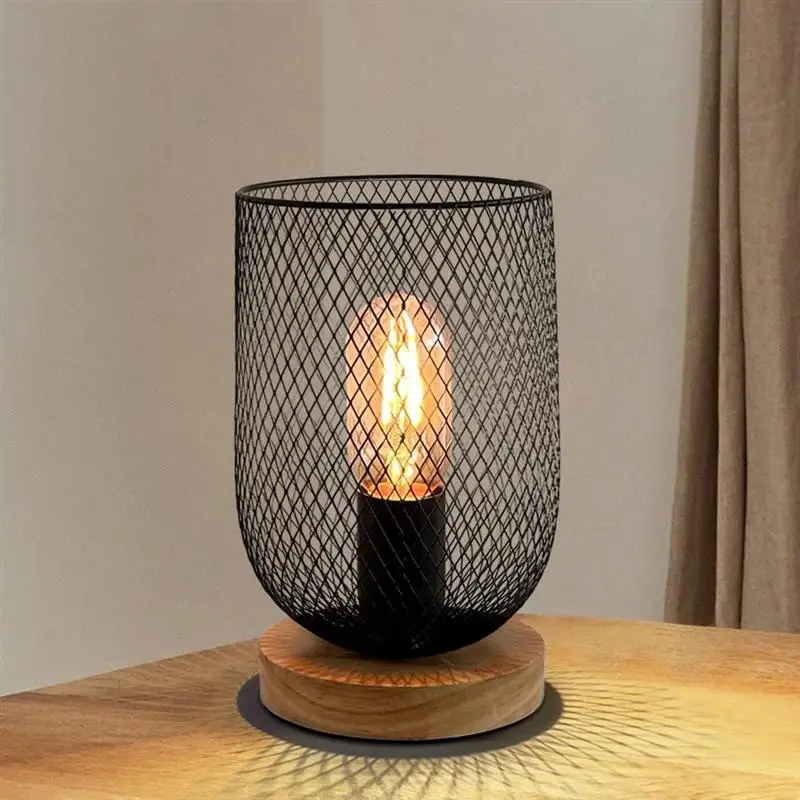 

Retro Table Lamp Metal Cage Battery Operated LED Lantern Light With Wooden Base Decora Touch Bedside Lamps For Indoor Bedroom