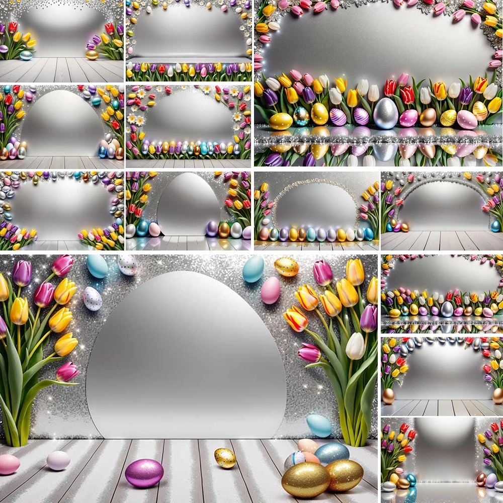 

MOON.QG Easter Background Sliver Stage Colorful Eggs Tulip Backdrop Birthday Portrait Photography Photozone Photobooth Poster