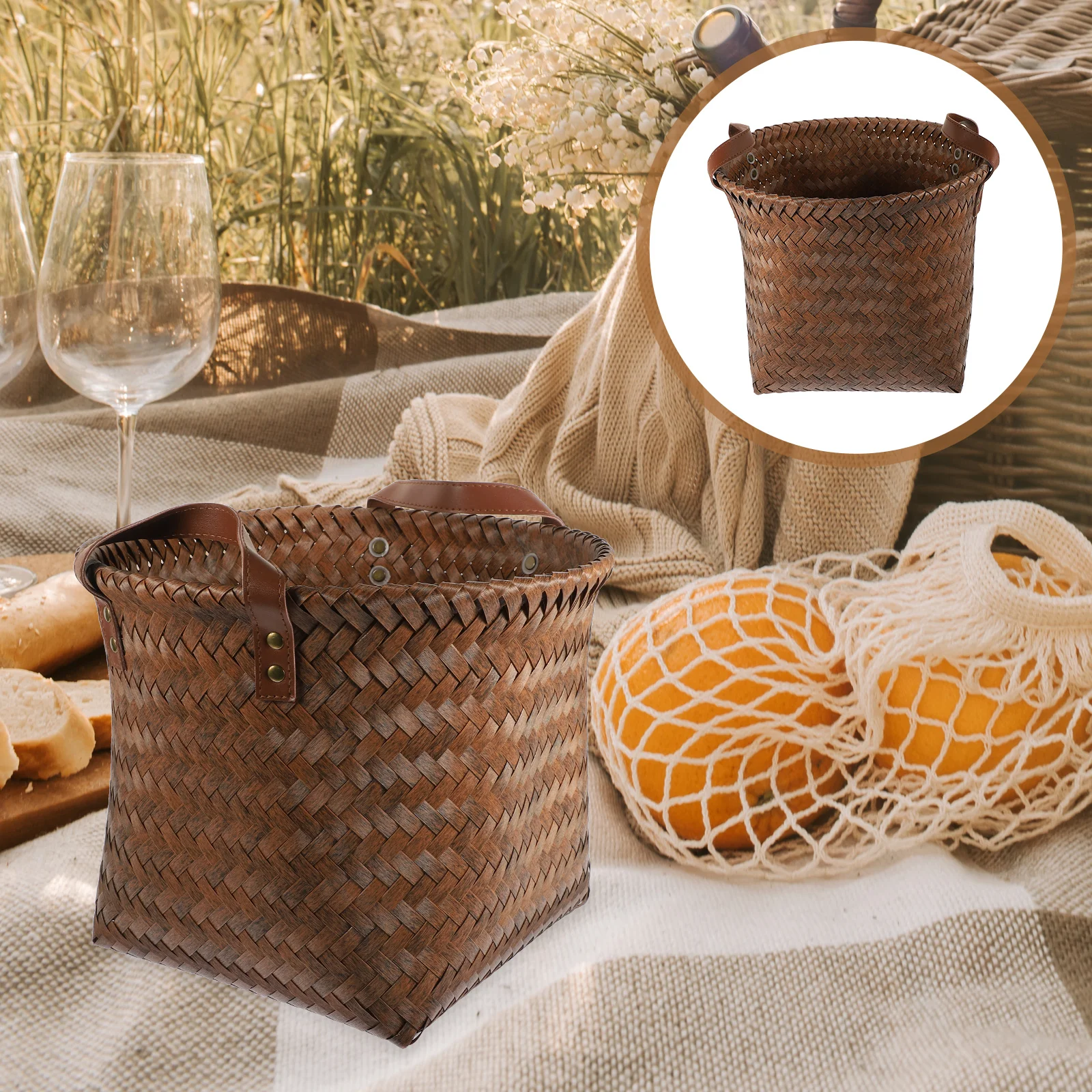 

Sturdy Double Handle Imitation Rattan Woven Basket Large Space Storage Organizer Household Desktop Kitchen Sundries