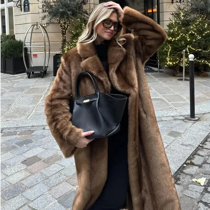 Fashion Lapel Thick Brown Mixed Fur Jacket Women Chic Long Sleeve Fluffy Plush Warm Maxi Coat Winter Lady Highstreet Outwear