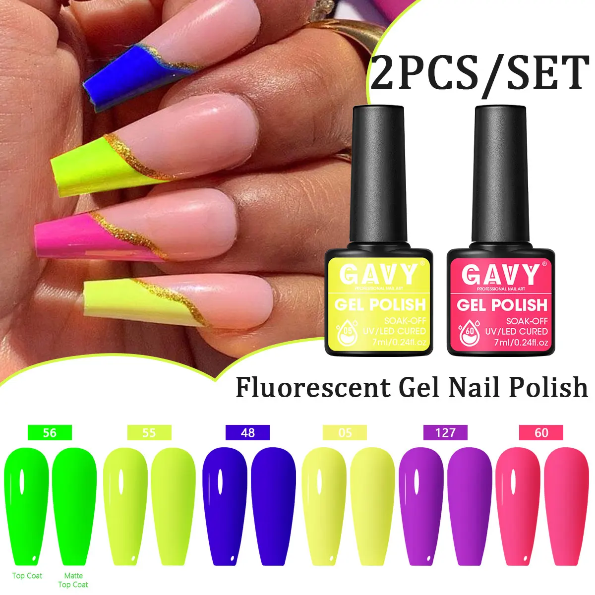 Zestaw lakierów hybrydowych GAVY, 2 sztuki, każda butelka zawiera 0,24 uncji, bezwonny, odpowiedni do samodzielnego pielęgnowania paznokci.