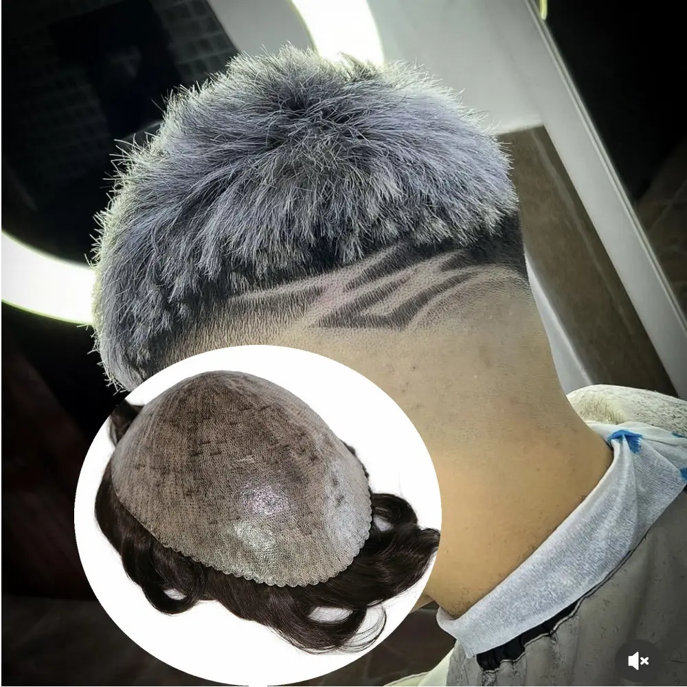 Natural Hairline 1B65 Grey Men Toupee Super Durable Thin Male Wig 100% Human Hair  Full Skin Pu Replacement Capillary Prosthesis