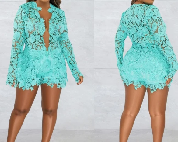 Elegancki dwuczęściowy zestaw damski 2024 Summer Sexy Night Out Long Sleeve Guipure Lace Top & Fashion Shorts Set