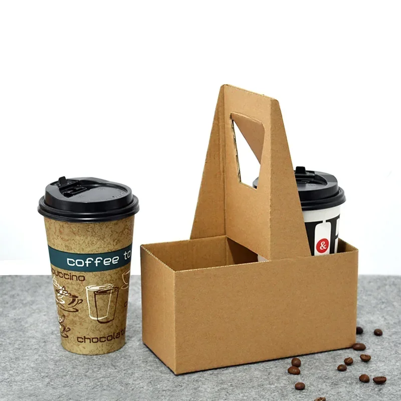 

10pcs Kraft Paper Hand-held Cup Holder 2/4 Cups Packaging Handbag Coffee Milk Tea Takeaway Package Portable Cup Holder Box