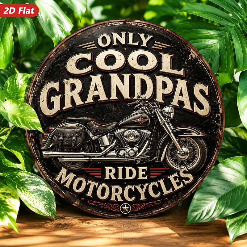 2D Flat, 1pc Cool Grandpa Ride Round Metal Sign Wall Art, Suitable for Kitchen Dining Room, Home Decor, Vintage Motorcycle Illus