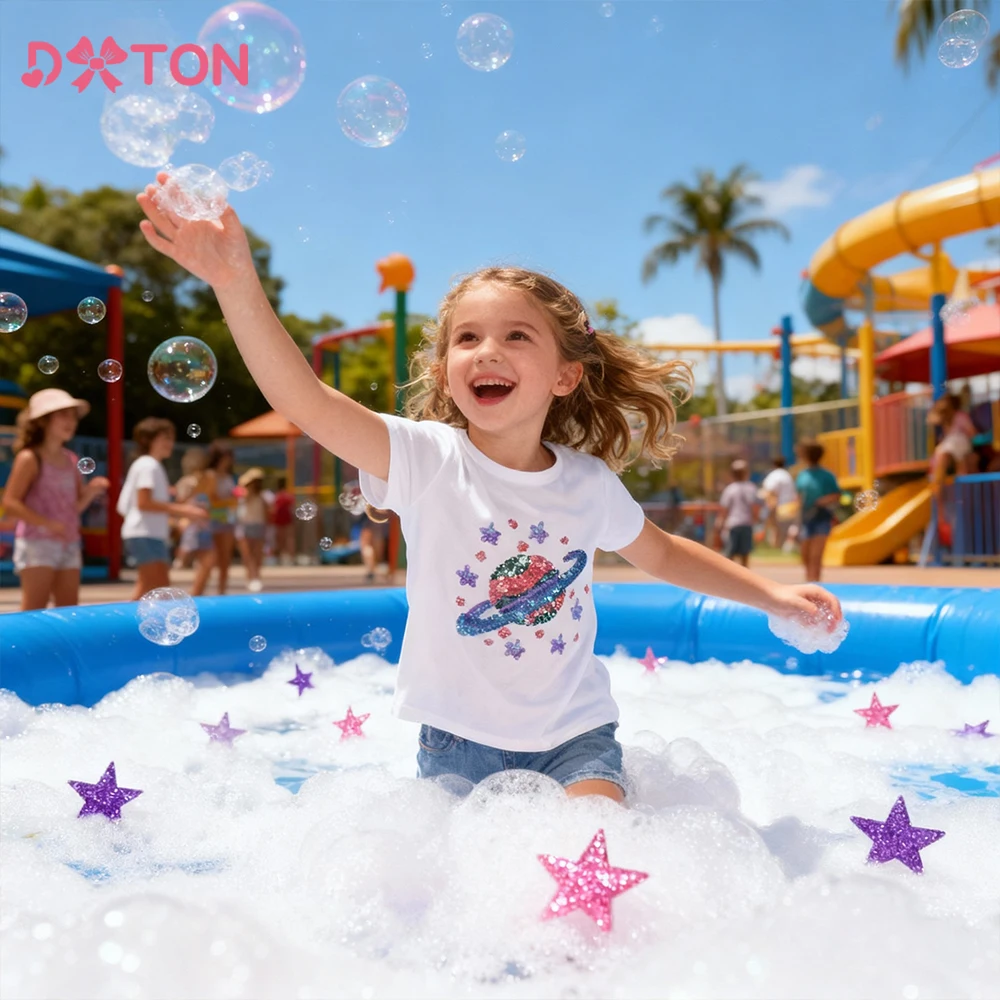 DXTON Short Sleeve Summer Girls Tops Planet Sequins Children T-shirts For Girls Cotton Toddler Tees Girls Cartoon Clothing 3-8Y