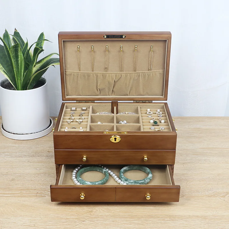 Wood Jewelry Box Large Capacity Earring Storage Box Lockable Makeup Box with Hooks Removable Dividers Stylish Organizer