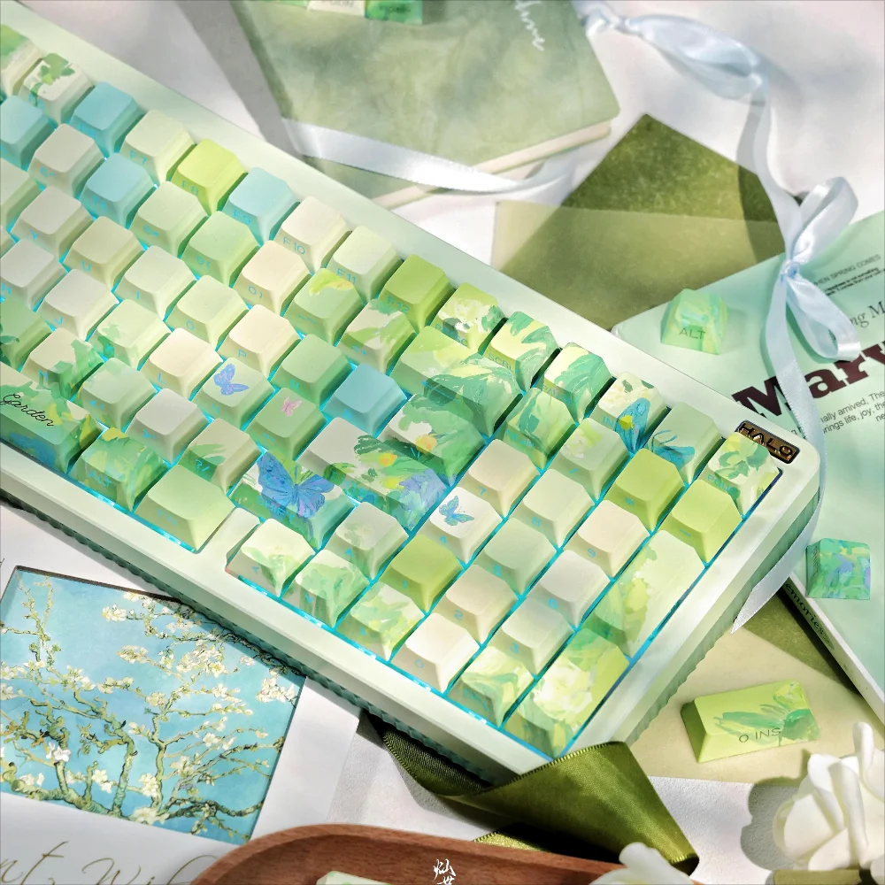 Green Cherry Keycaps, 143 Keys, Small Garden Theme Keycaps Set for 68/75/84/87/98/Cherry MX Switch Mechanical Keyboards