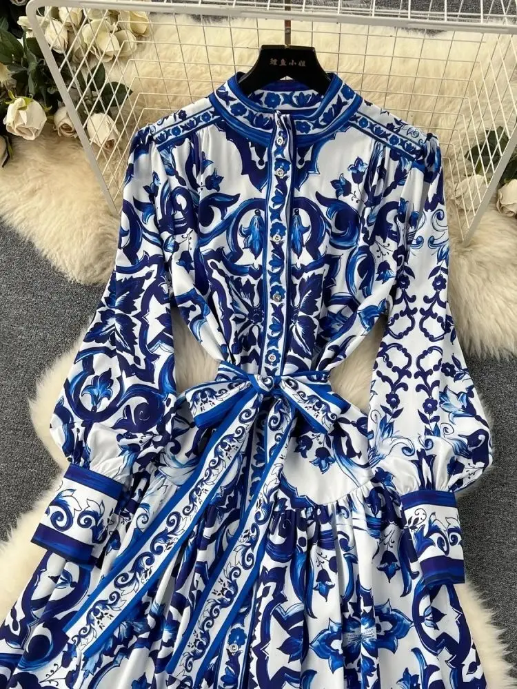 Jamerary Runway rot blau weiß Porzellan druck Urlaub Maxi kleid Damen ständer einreihig lose Schnür gürtel lange Vestido