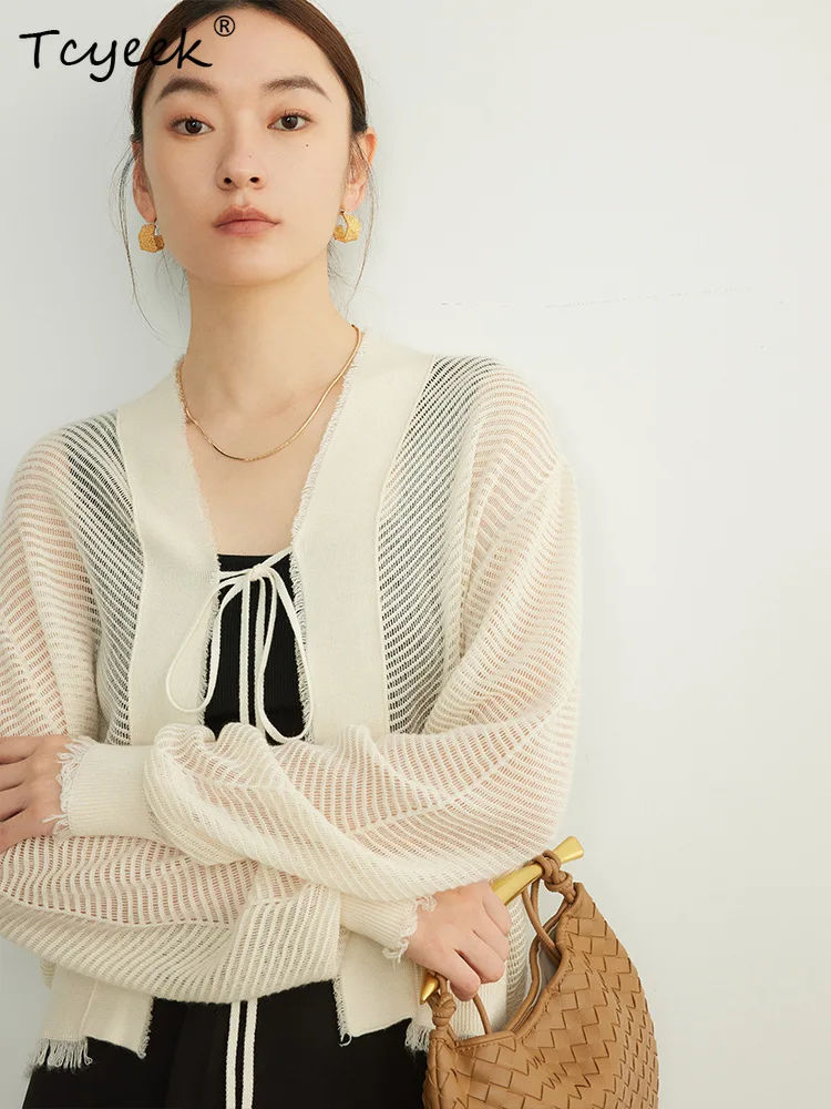 Tcyeek, 32.4% ขนสัตว์Elegantครึ่งแขนเสื้อสเวตเตอร์ถัก,ผู้หญิงLace-Up Hollow Out,แฟชั่นเสื้อลําลอง,ฤดูใบไม้ร่วงฤดูหนาวC47853QM