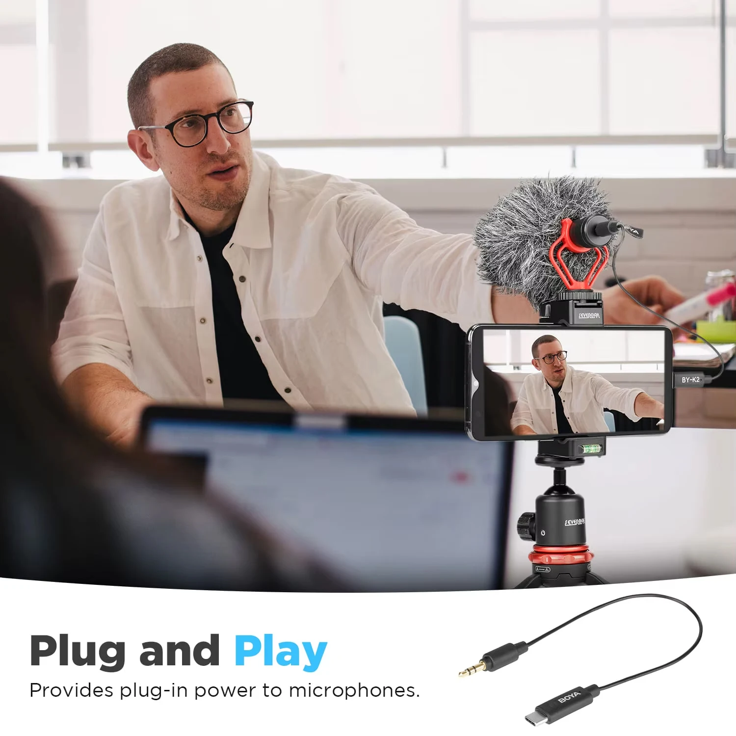 BOYA BY-K2 3,5 mm TRS (męski) na USB typu C (męski) Adapter audio do telefonów Konwerter urządzeń USB-C