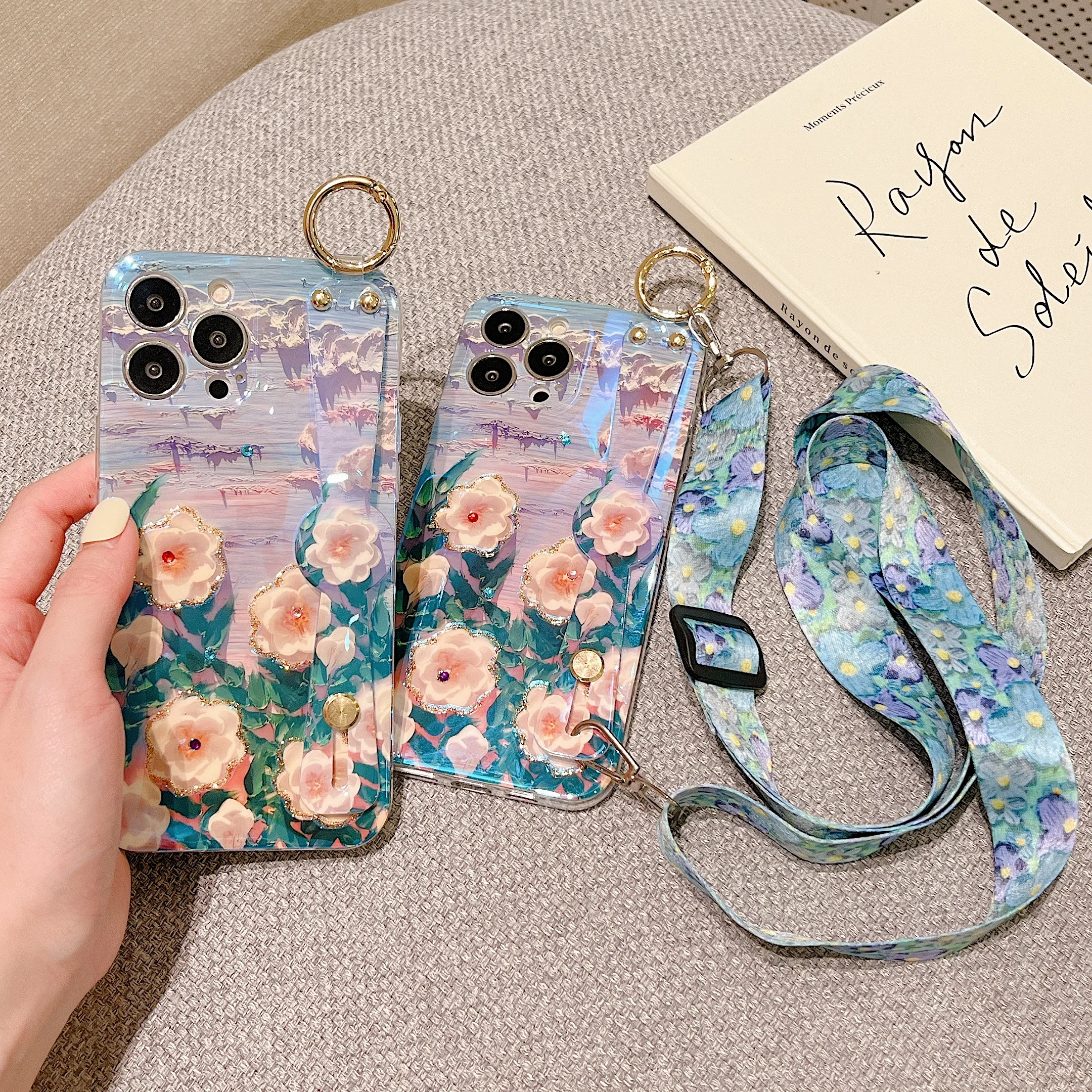 

Glitter 3D Flower Phone Case For Huawei P70 P50 Pro P60 P40 P30 Mate 60 50 Oil painting wristband Cover For Nova 12 11 10 8i