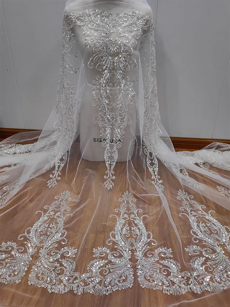High Quality 1 Row Sequins Embroidered Beaded Crystal Tulle Fabric for Stage Costumes DIY Wedding Dresses Material