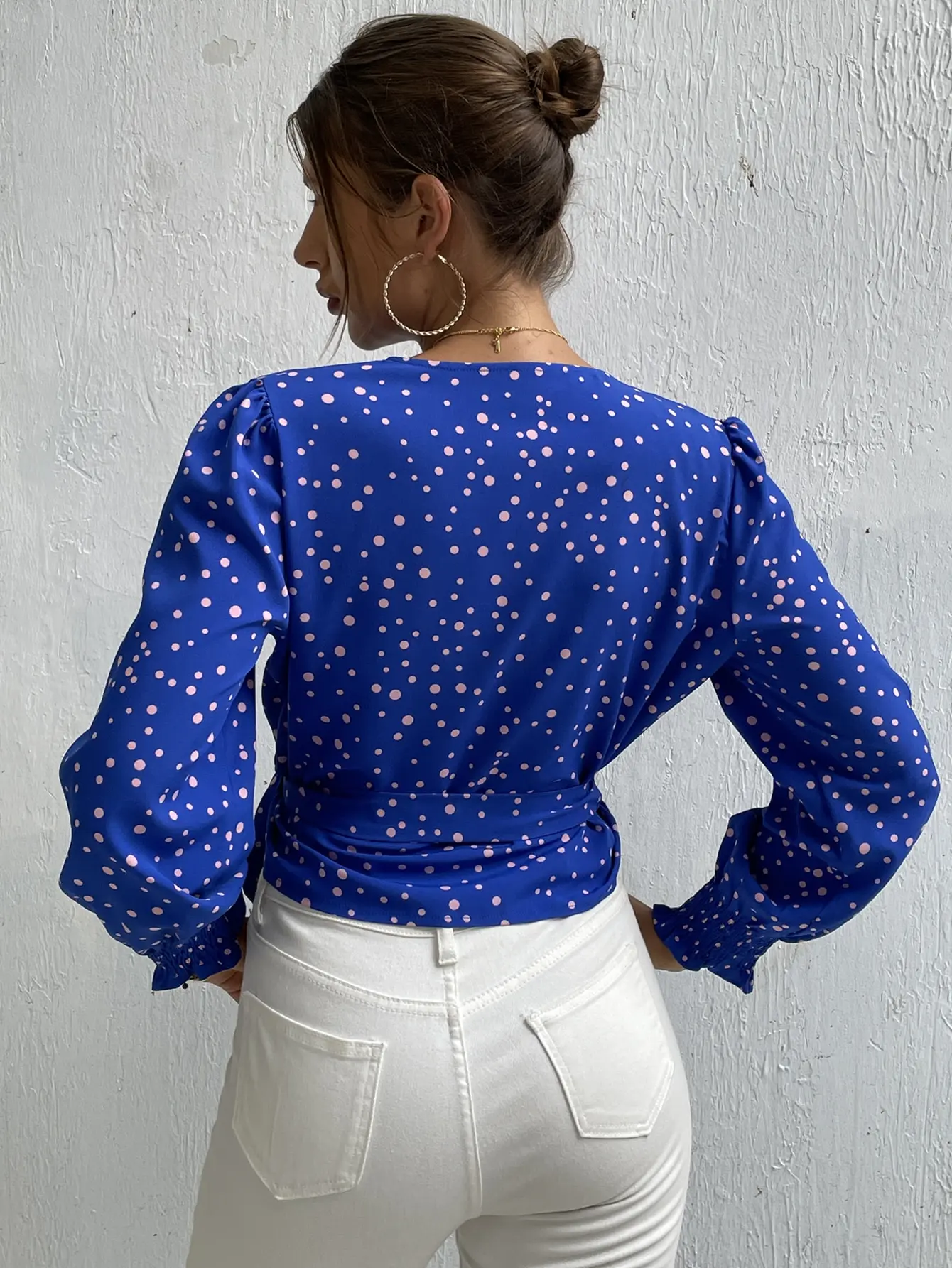 Blue Polka Dot Blouses Tops Women Long Sleeve Knot Waist Cropped Tops