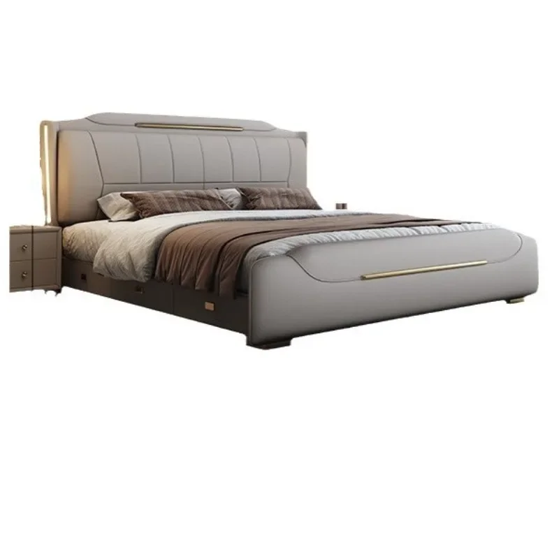 

Modern simple leather bed with night light Italian light luxury master bedroom large 1.8x2m double1.5m storage bed