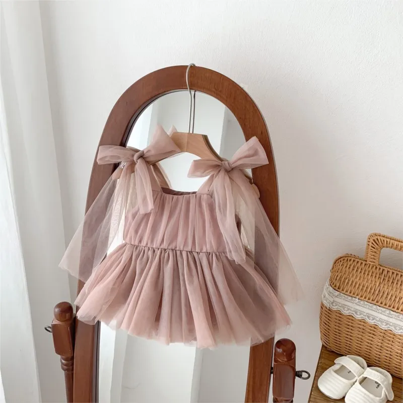 Baby Girl Princess Bow Tutu Romper Dress Infant Toddler Sleevess Tulle Mesh Jumpsuit Party Pageant Baptism Baby Clothes 0-2Y