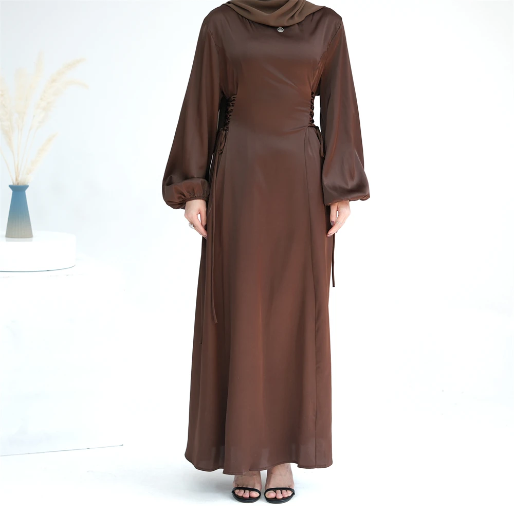 

Muslim Women Satin Lace Up Maxi Dress Ramadan Dubai Turkey Abaya Kaftan Eid Modest Roe Party Gown Islam Clothing Elegant Abayas