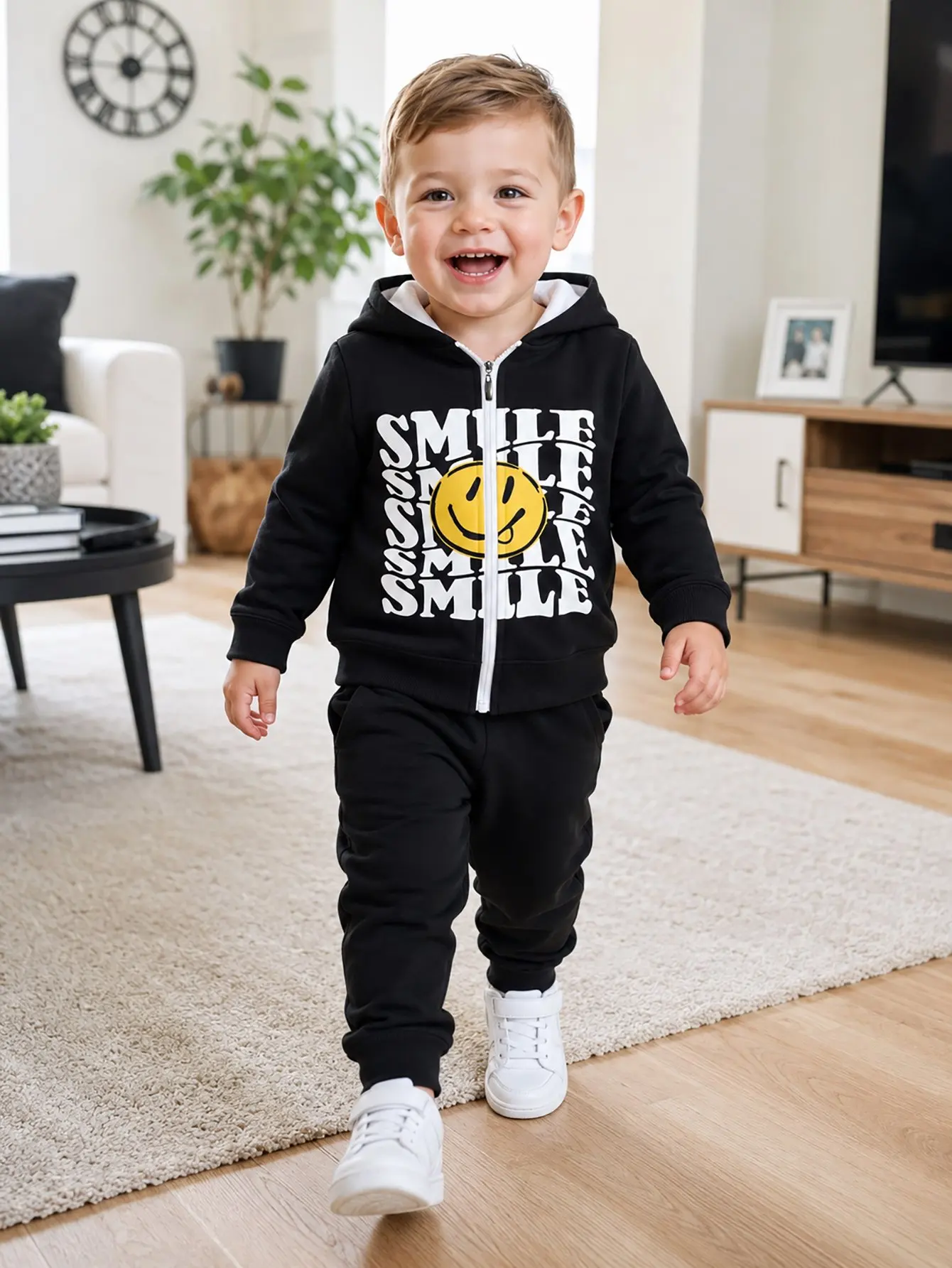 Hooded Zip Up Loose Sweatshirt Pants Set Smiley Letter Print Black Long Sleeve Loose Fit Boys Fall Winter New Style Trendy Styli