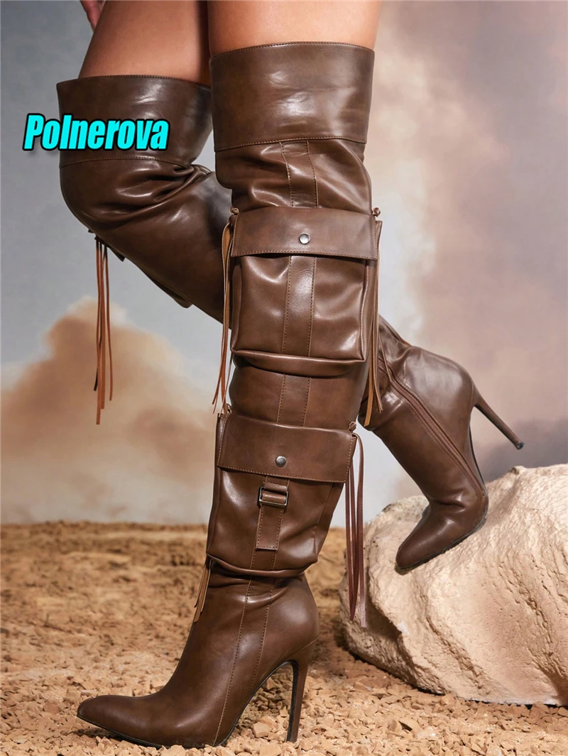 Dark Brown Thigh High Boots Multi Pockets Tassel Leather Over The Knee Boots Pointed Toe Stiletto Heels Fashion Women Shoes