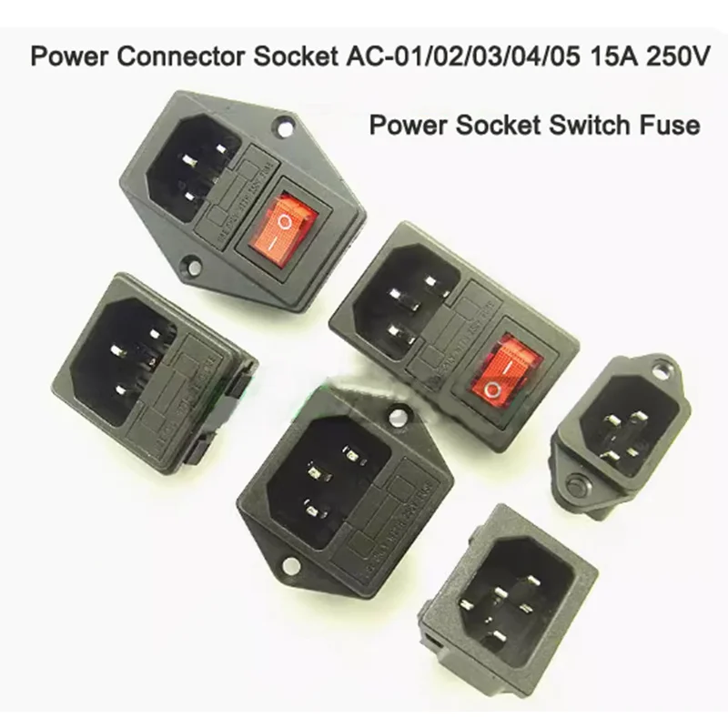

1PCs AC-01/ac-01a/ac-02/ac-03/ac1-0/ ac-05 3/4 pins power socket switch with Fuse 15A 250V