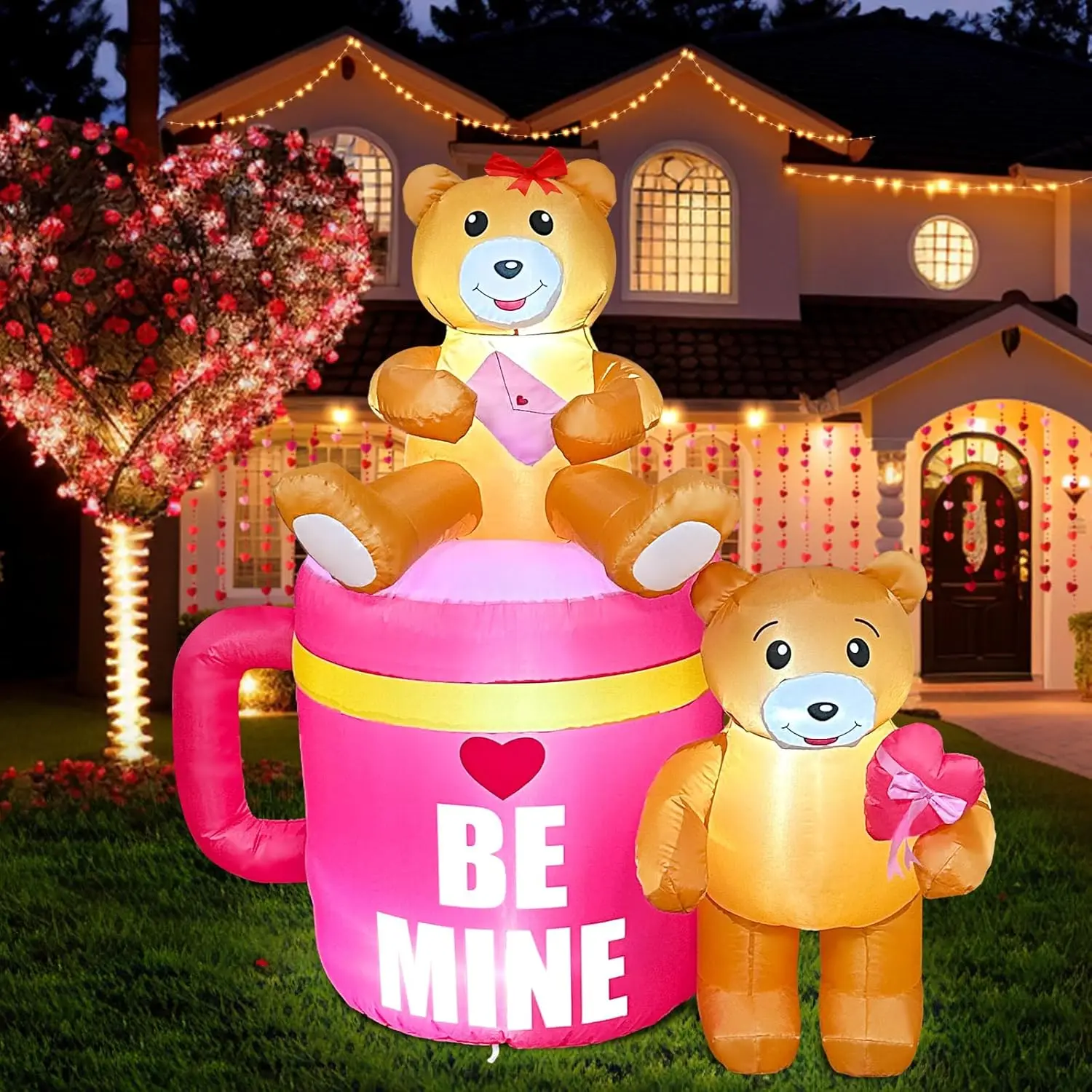 5FT Valentines Inflatables Coffee Cup with Lovely Bear LED Lighted Romantic Valentines Day Inflatables Outdoor Decorations Toys