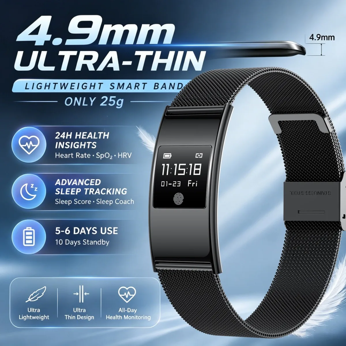 Ultra-light 25g Smart Watch Men Women:4.9mm Ultra-Slim Heart Rate Blood Oxygen Sleep Monitoring Sports Mode Smartwatch 2026 NEW