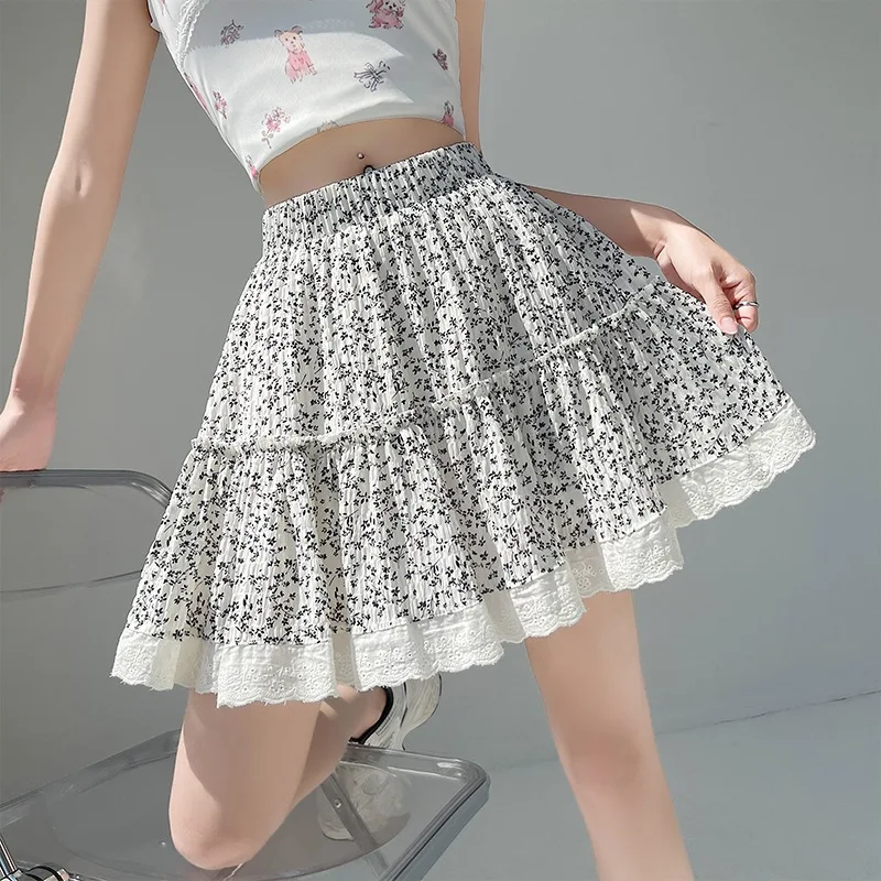 

Skirts for Women Knee Length Women'S Summer Cute High Waist Lace Pleated Skirt Print Swing Beach Mini Skirt Ropas De Mujeres