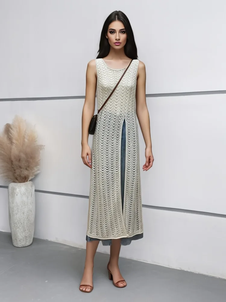 New Fashion Knitted Hollow Women's Dress Elegant Sleeveless Split Neck Beach Dress Fashion Women's Clothing