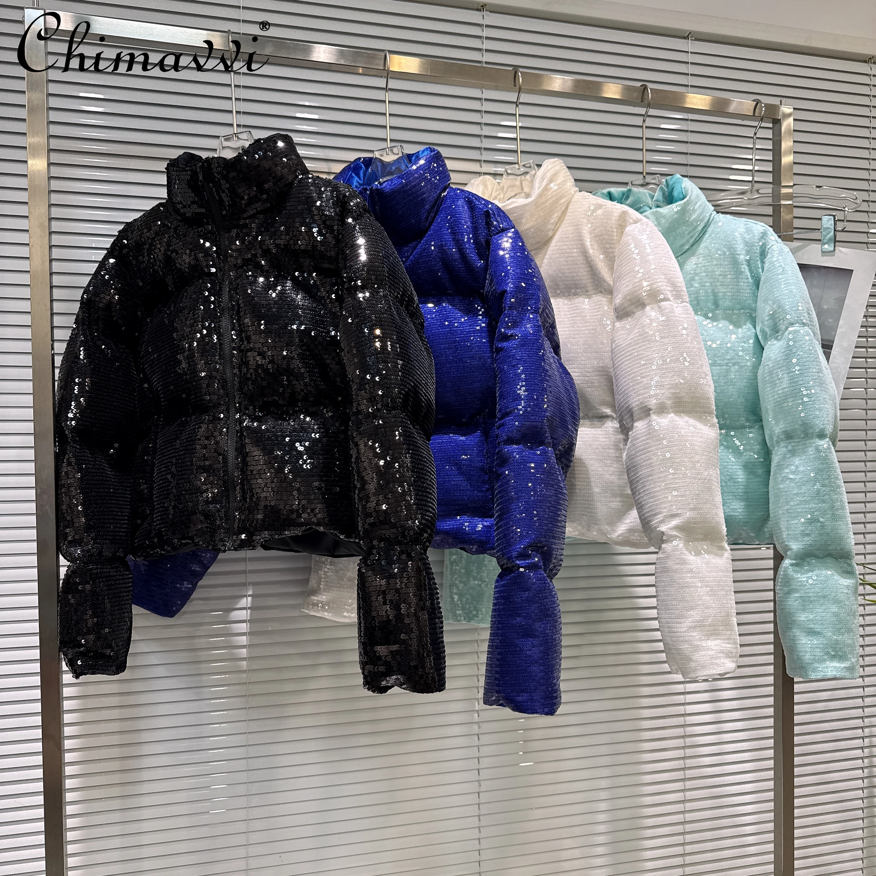 

2025 Winter Fashion Highstreet Women's Cotton Coats Sequins Stand Collar Versatile Casual Warm Puffer Short Parkas Jackets Women