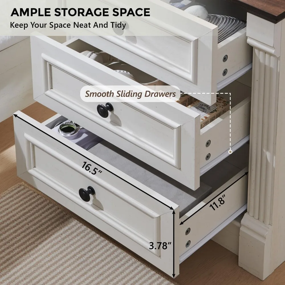 Pair of 26-Inch Tall Farmhouse Nightstands with 3 Drawers and Charging Station, 23.6-Inch Wide Large Side Table featuring Roman