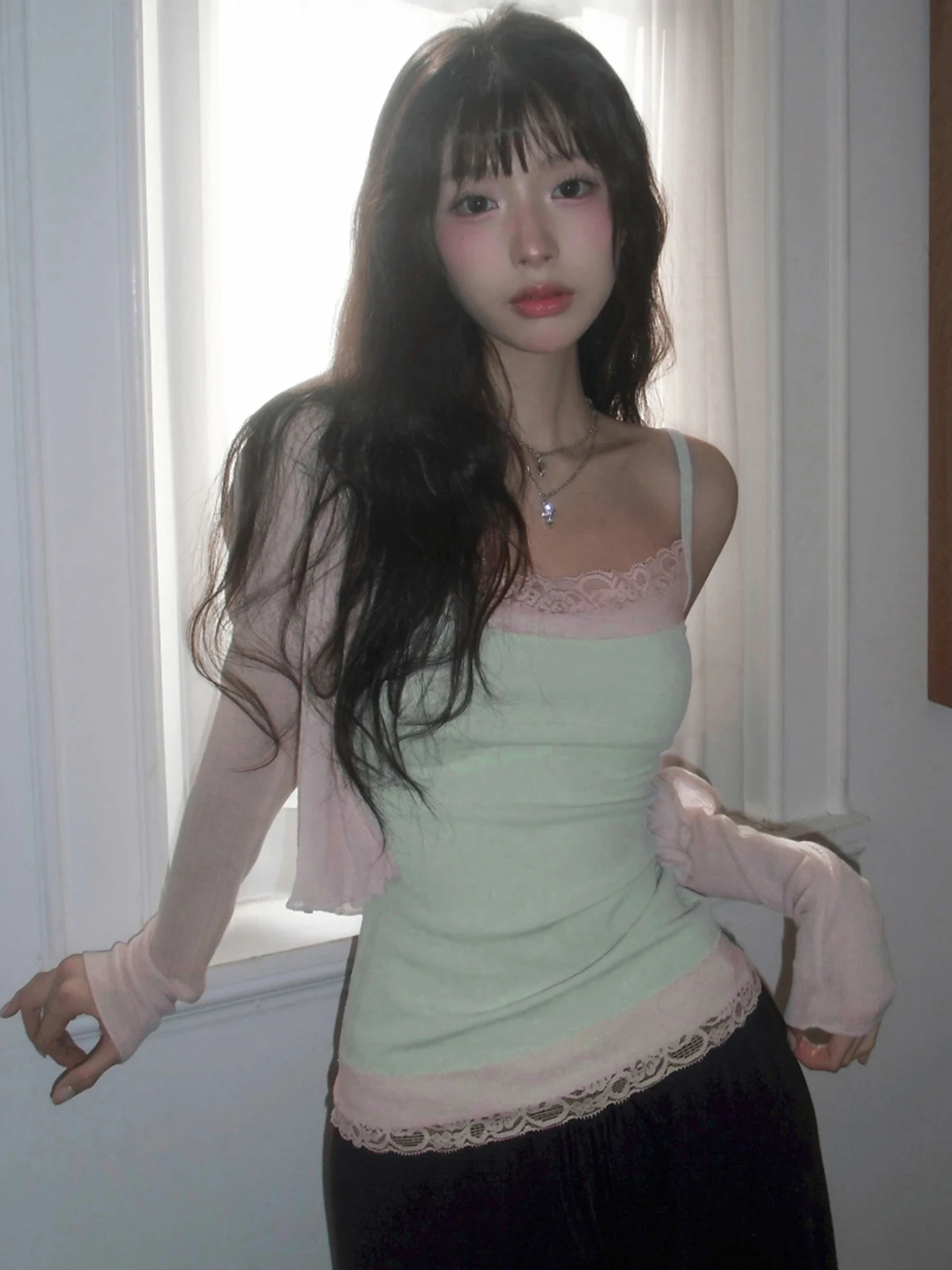 Korean Style Pure Desire Sexy Lace Trim Camisole Tank Top Threaded Pleated Slim Fit Gentle Girl Inner Wear Top Short Length