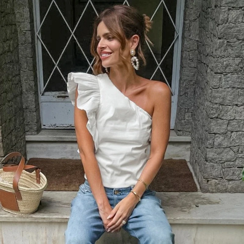 BKQU Ruffle Sexy Off Shoulder Tank Top Women Summer White Sleeveless Diagonal Collar French Style Elegant Crop Tops Y2k Vacation