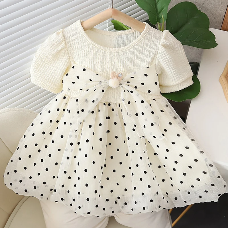 

Summer Baby Girl Dress Puff Sleeve Princess Dress Dot Bow Wedding Party Ball Gown Kid Costume Outfit Toddler Girl Clothing A1077