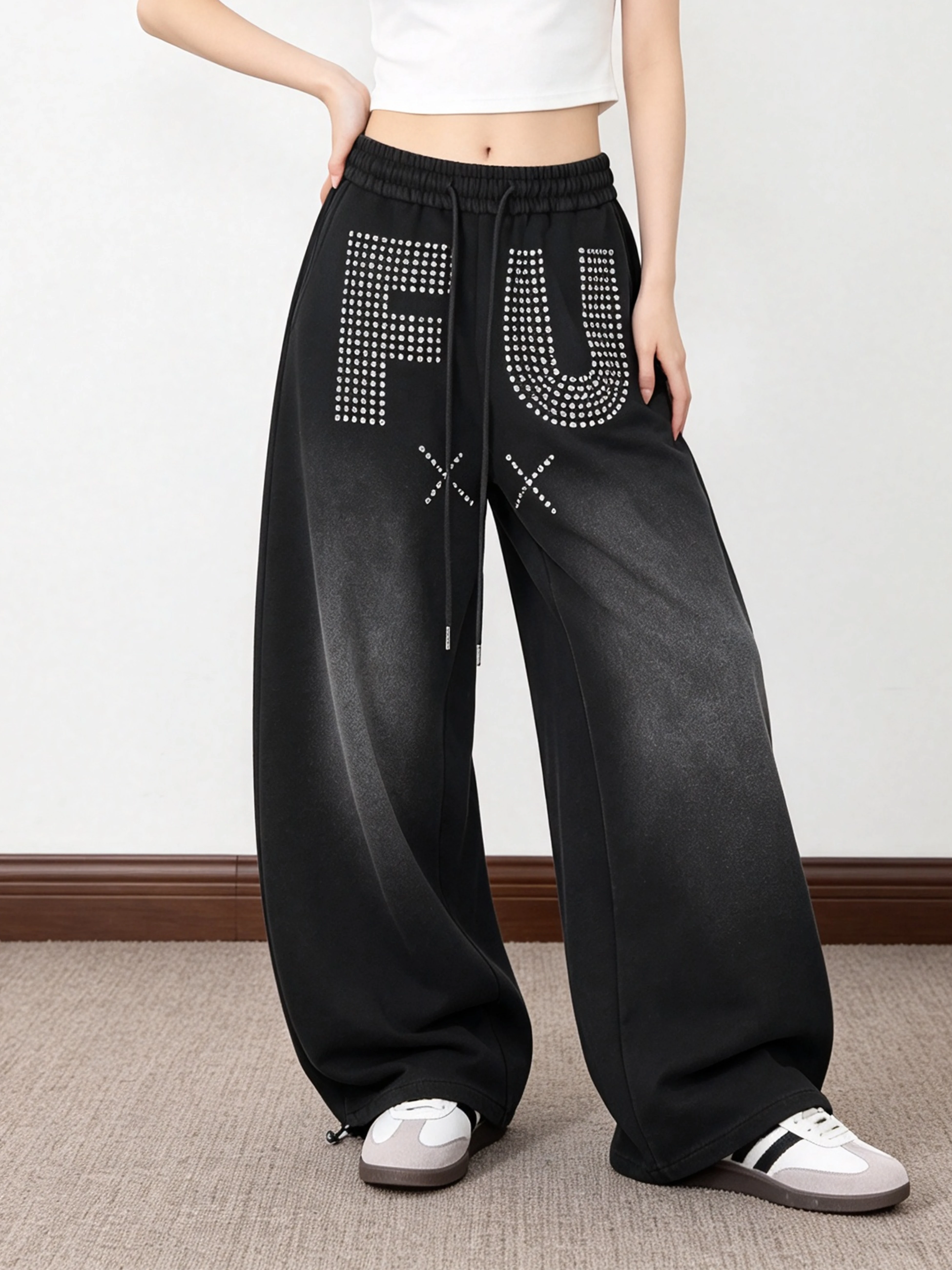 Women's Casual Wide Leg Sweatpants Gradient Color Drawstring Loose Fit Diamond Embellished Two-Way Wear Street Style Trousers