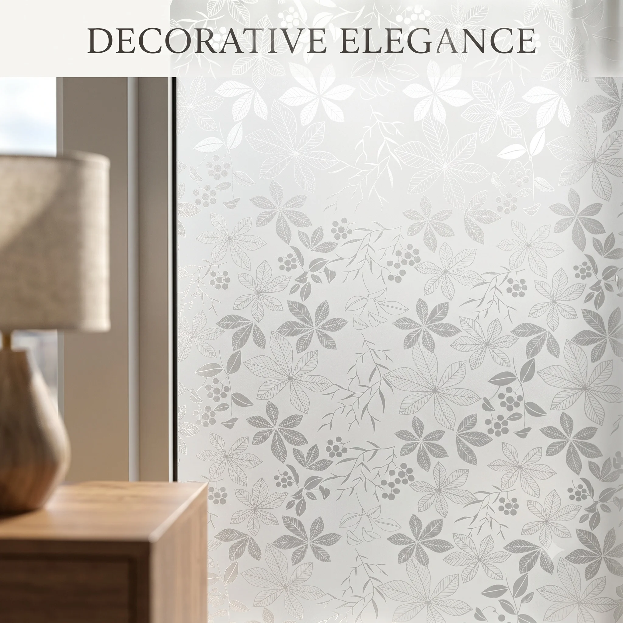 Grey Leaf Floral Self-Adhesive Window Film Privacy Glass Sticker Anti-UV Waterproof Removable Decor for Bathroom Bedroom