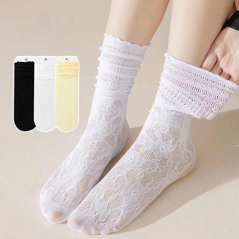 Lolita Sweet Lace Flower Mesh Pile Socks Women Retro Hollow Transparent Mid Tube Socks Girls Lady Casual Breathable Cotton Socks