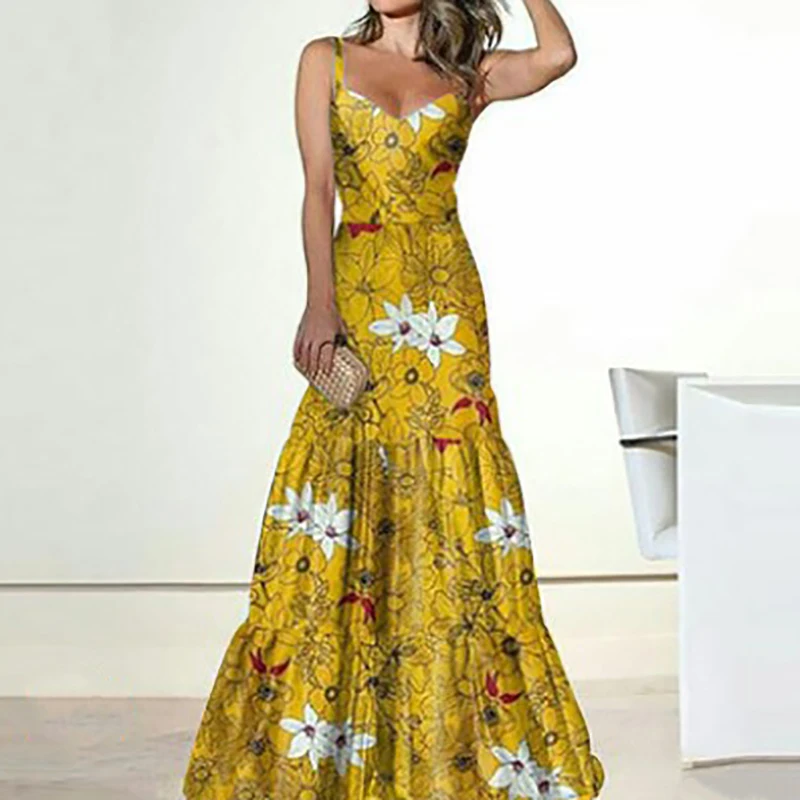 Elegant Floral Printed Summer Women Sling Party Dress Vintage Sleeveless Patchwork A-Line Lady Dress Sexy Femme Holidays Vestido