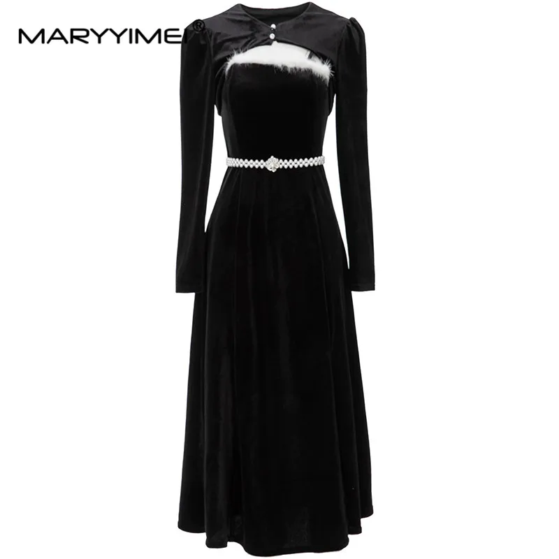 

MARYYIMEI New Fashion Designer Suit Women's Long Sleeves Short Shawl Tops+Sexy Velvet Split Suspenders Dress 2pcs Set