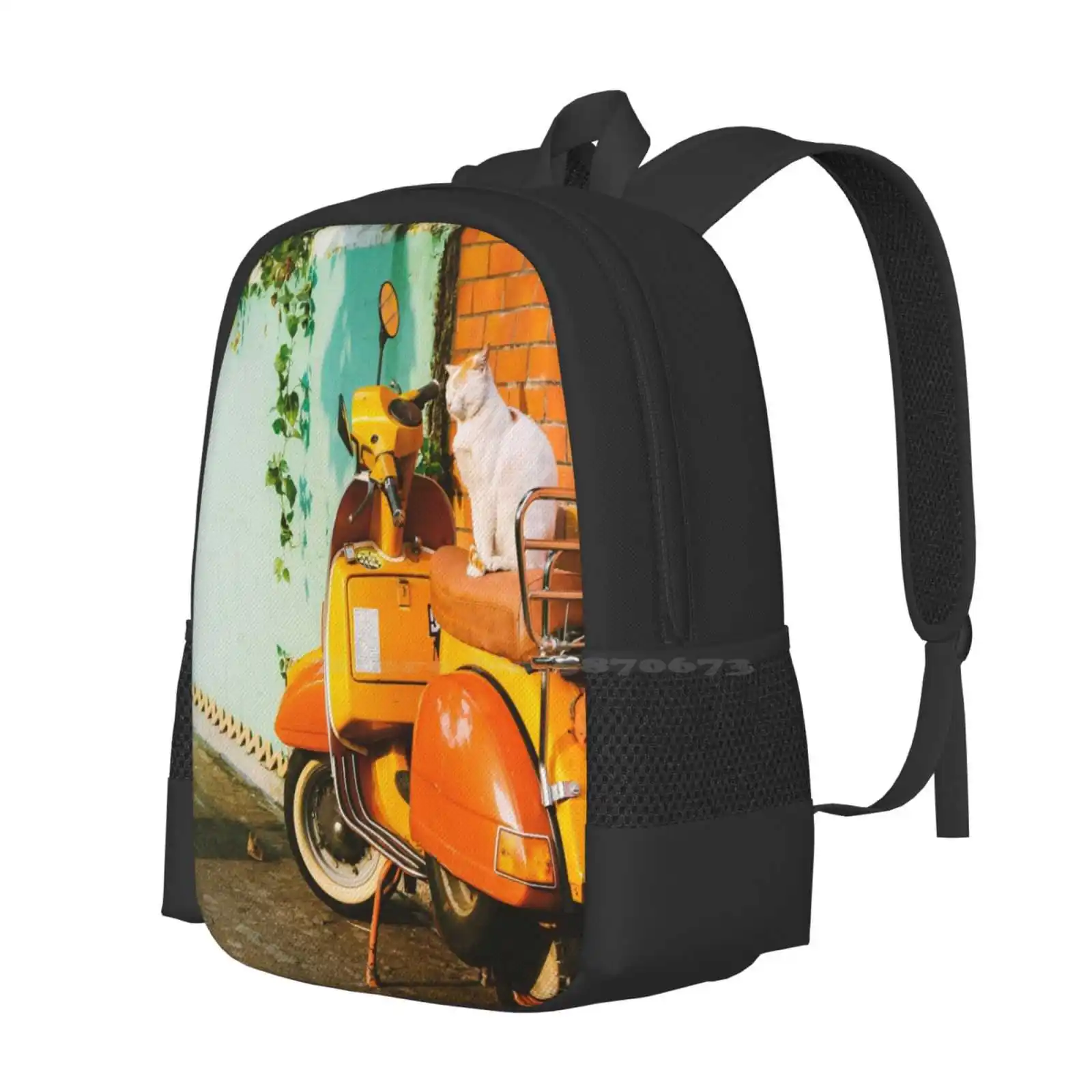 Cat On Bike Hot Sale Schoolbag Backpack Fashion Bags Cat Bike Afternoon Evening Sit Happy Relax Orange Wall Blue Auto Motor