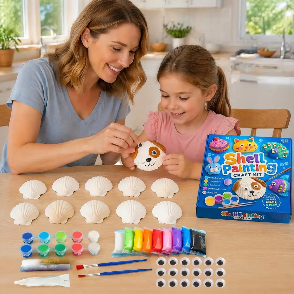 1/2 Sets DIY Shells Painting Craft Kit with Natural Shells Modeling Clay Pigments Glue Eyes DIY Seashell Art Crafts Supplies Set