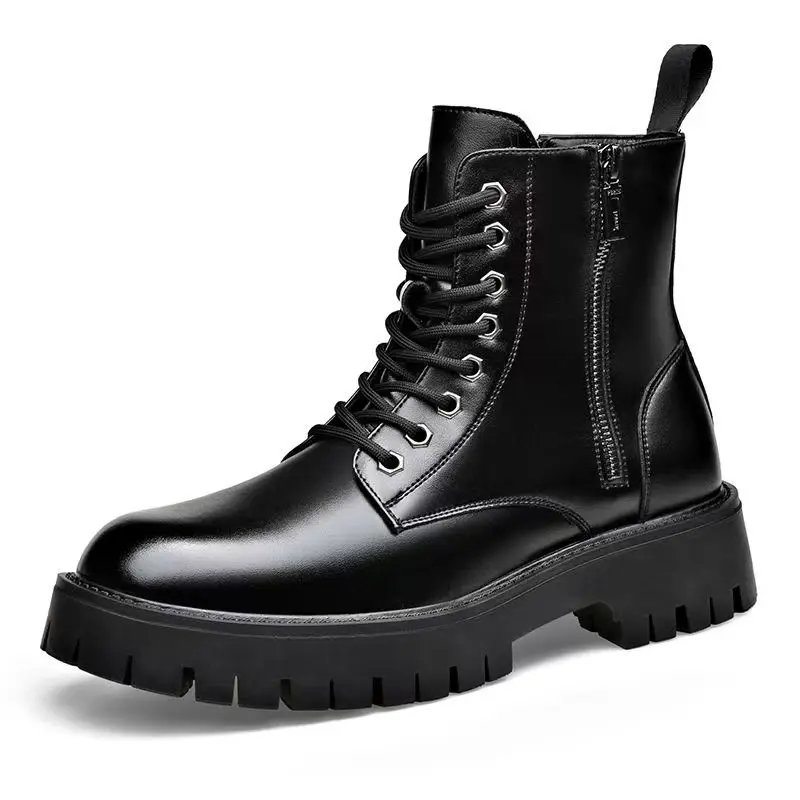 

Men's Autumn Winter New Genuine Leather High Top Work Boots Thick Sole Non Slip Round Toe Plush Warm Zippers Ankle Cotton Boots