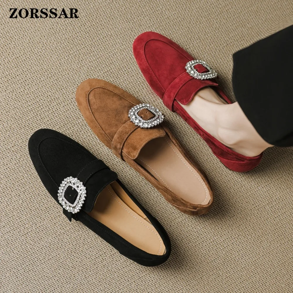 

Woman Loafers Flats 2026 New Spring Round Toe One Foot Slip-on Shoes Fashionable Crystal Women Suede Leather Soft Flats Shoes