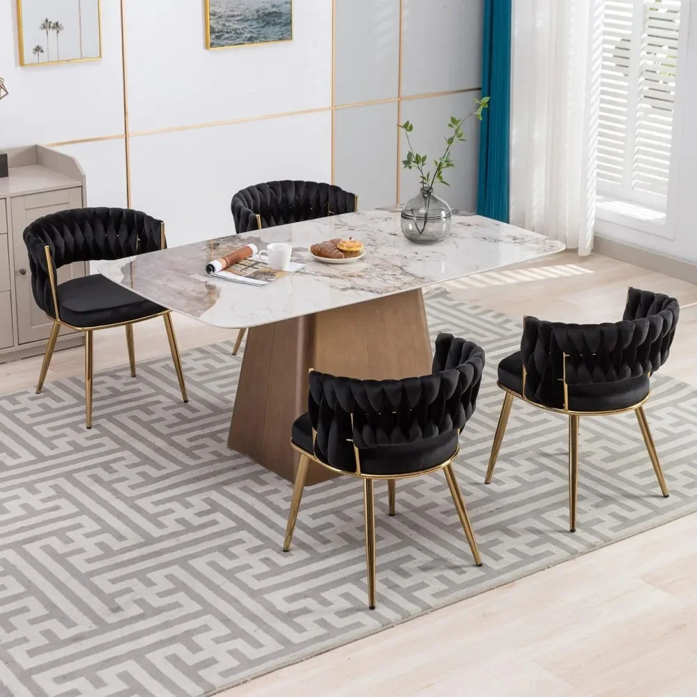 

Velvet Dining Chair Set of 4, Gold Modern Dining Chairs with Metal Legs, Woven Upholstered Dining Chairs