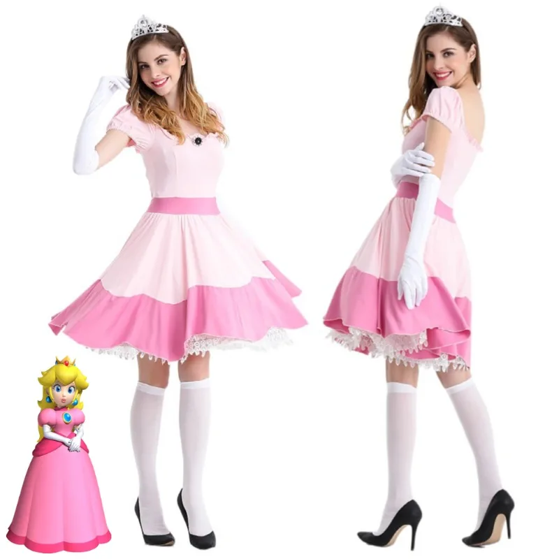 

Marioeds Princess Peach Cosplay Costumes Carnival Party Pink Dress Outfit Kawaii Anime Uniform with Headwear Gloves Set