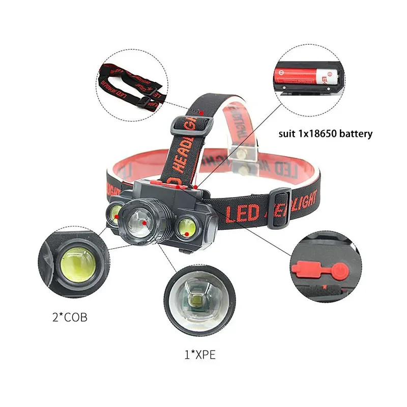 High power 3 Led XPE COB USB Headlamp zoomable frontal Flashlight head Lamp torch night light For Fishing Lantern 18650 battery