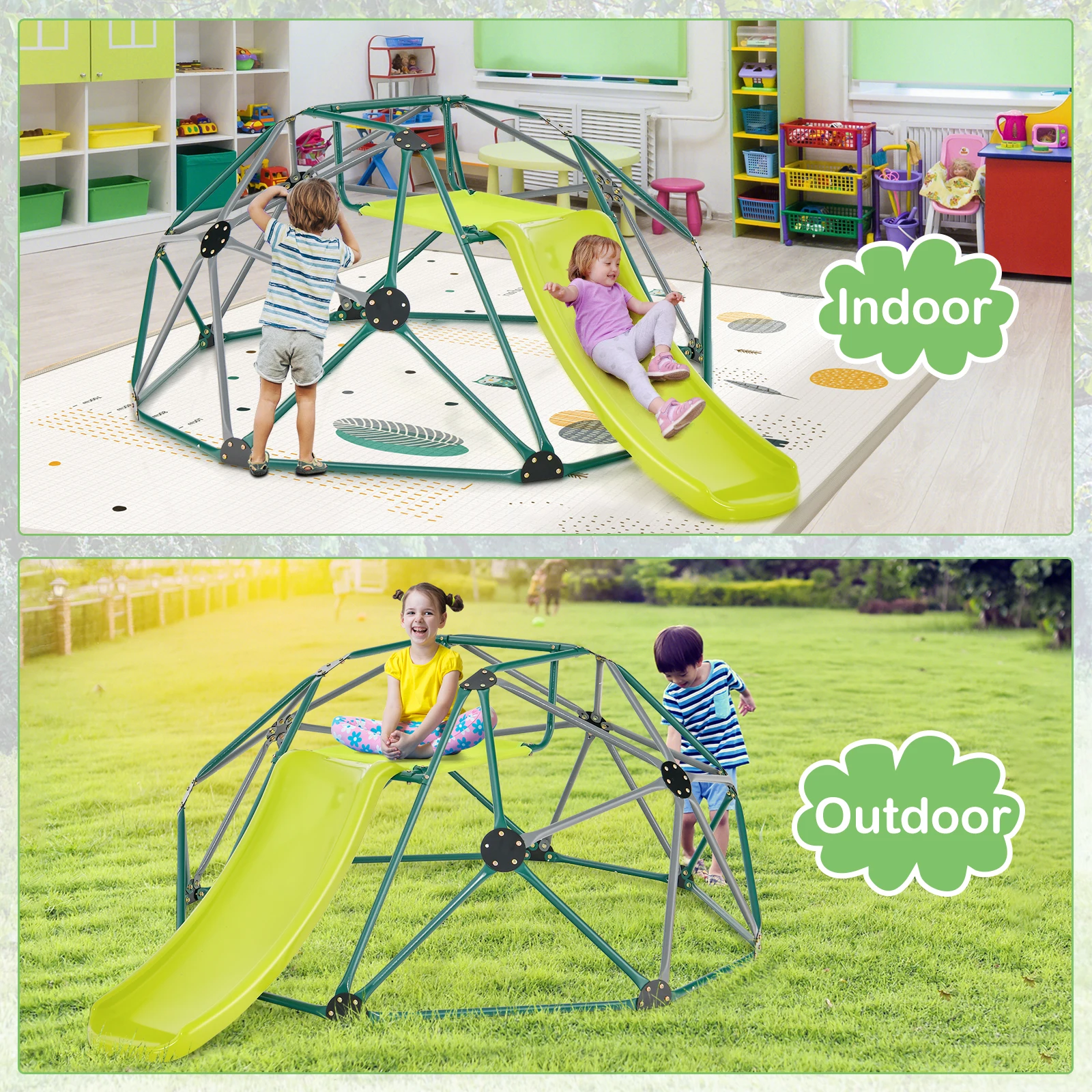 8FT Climbing Dome w/ Slide Outdoor Kids Jungle Gym Dome Climber Green & Gray