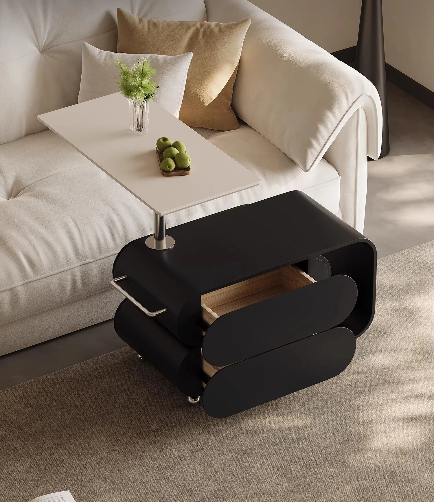

Italian minimalist multi-functional lifting edge few designer movable trolley large capacity rotating solid wood hollow