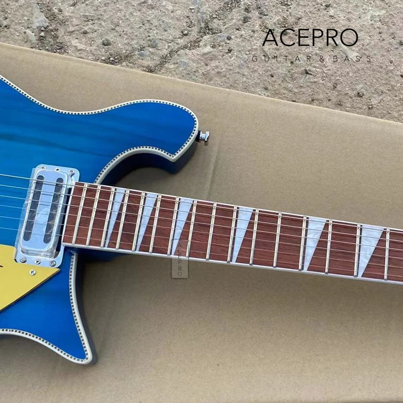 660 Electric Guitar Trapeze Tailpiece, Blue 6 String Guitarra, Gold Pickguard, Checkerboard Binding Guitarra